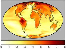 Карта передбачуваного потеплення. Шкала зміни кольору від жовтого до червоного відповідає підвищенню температури від одного до восьми градусів за Цельсієм. 