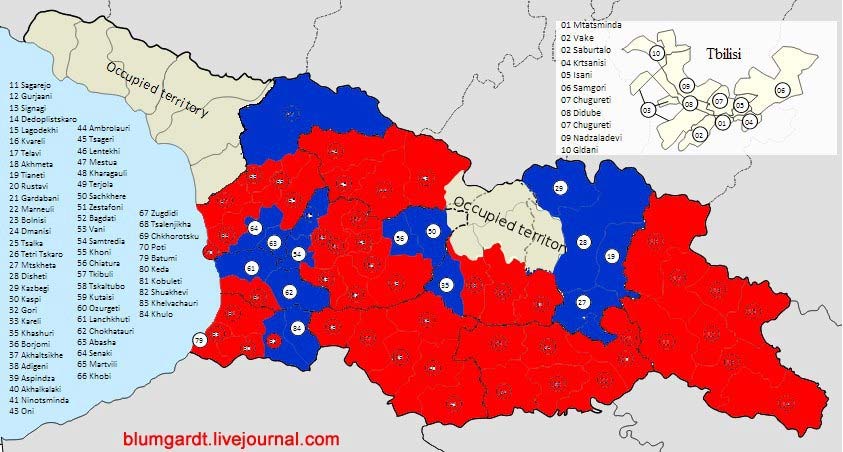 Червоний колір - це партія Саакашвілі, синій - опозиція.