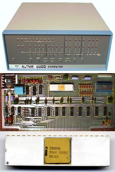 Altair 8800 - саме в такому вигляді користувачі могли його отримати за 439 доларів (у вигляді комплекту для складання). У середині коробки - процесорная плата, плата управління передньою панеллю, плата розширення на 4 слота і блок живлення. Процесорна плата. Біла мікросхема - процесор Intel 8080. Процесор i8080A. На базі цього процесора було створено дві модифікації комп’ютера Altair: 8800b і 8800bt. Дві більш ранні модифікації: 8800 та 8800А були побудовані на базі i8080, що виготовлявся в 40-контактному корпусі і містив істотний недолік, який в певних випадках призводив до його “зависання”.