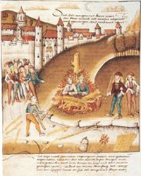 Лицар-гомосексуаліст засуджений до страти. Середньовічна гравюра.