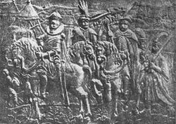 Петро Конашевич-Сагайдачний з польським королем Жиґмонтом III і гетьманом Любомирським у воєнному таборі. Плоскоріз з XVII в.