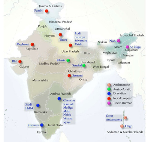 На карті точками вказані місця, де живуть люди, у яких були взяті зразки ДНК (ілюстрація D. Reich, K. Thangaraj, N. Patterson, A. Price, L. Singh).