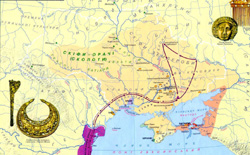 Велика Скіфія. Стрілками показаний похід перського царя Дарія проти скіфів в 513 р. до н.е. та його відступ 